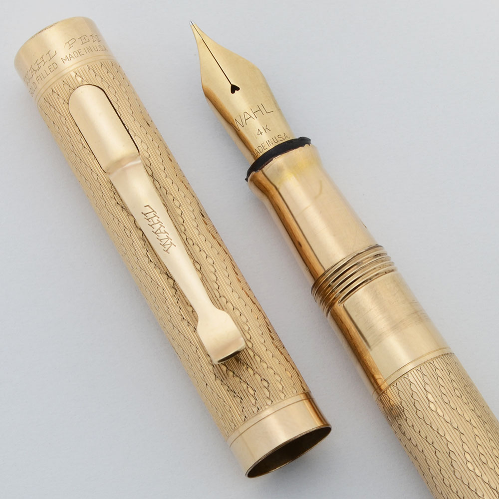 Wahl Fountain Pen w Clip (1920s) - Gold Filled Wavy Design, Lever